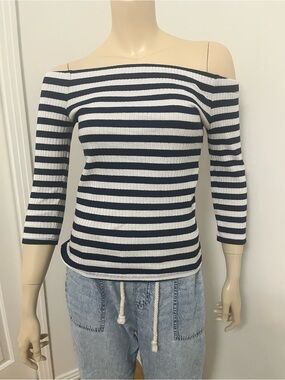 Guess Navy and White Off-the-Shoulder Striped Sweater